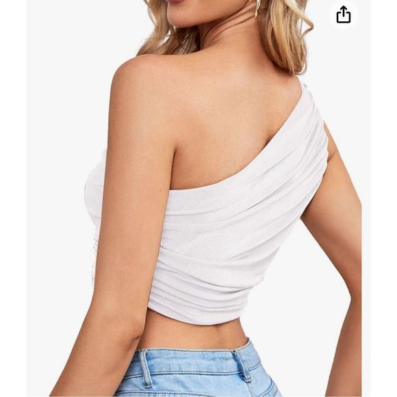 White Ruched One Shoulder Sleeveless Crop Top Strappy Cami Tank Size Medium - Picture 2 of 5